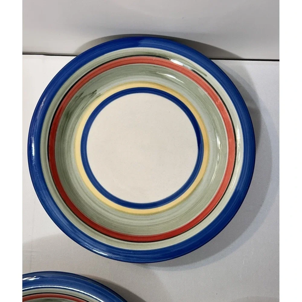 Vtg Gibson Rainbow Striped Hand Painted Rim Ceramic Dinner Plate 10.5in Set Of 6